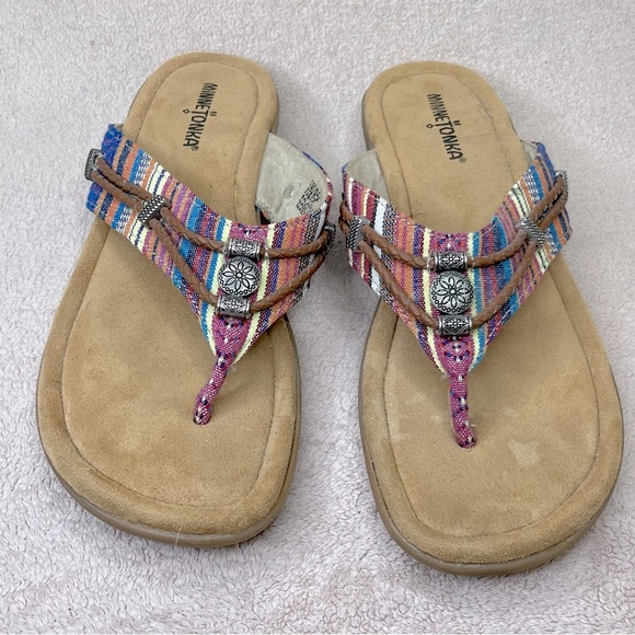 Minnetonka Striped Medallion Flip Flops Sandals-Women’s 11-Multicolor Pink/Tan - Picture 12 of 12